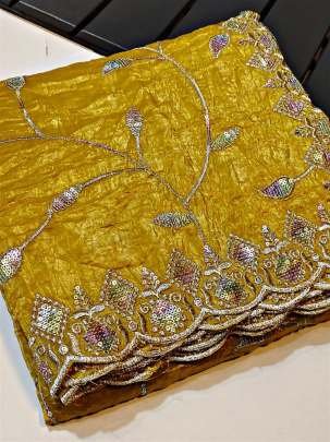 Yellow Designer Soft Gold Crush Saree With Cut Work Border