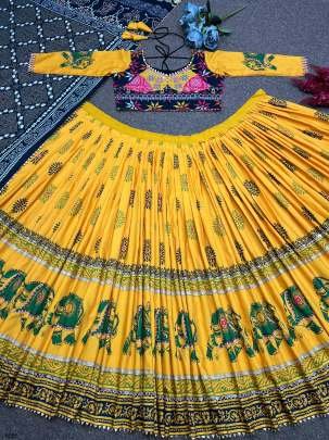 Yellow Digital Printed Navratri Lehenga Choli With Real Mirror Work