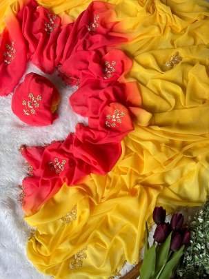 Yellow Exclusive Duel Shade Hand Work Georgette Saree