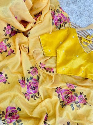 Yellow Fancy Handwork Soft Dhahi Silk Organza Saree With Readymade Blouse
