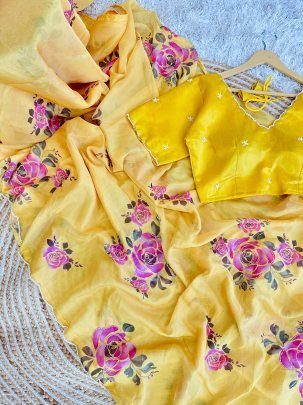 Yellow Fancy Handwork Soft Dhahi Silk Organza Saree With Readymade Blouse