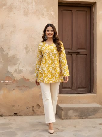 Yellow Floral Print Summer Wear Ladies Top