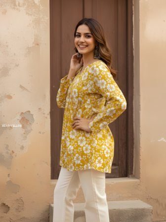 Yellow Floral Print Summer Wear Ladies Top