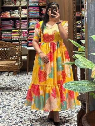 Yellow Floral Printed Kota Chex Midi Dress