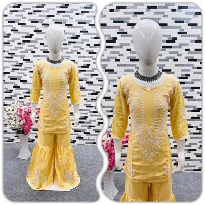 Yellow Full Stitched Rayon Cotton Kids Girls Sharara Suits