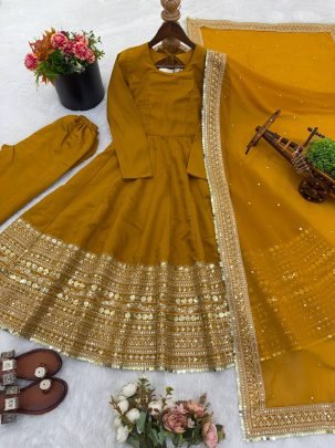 Yellow Fully Stitched Roman Silk Anarkali Gown