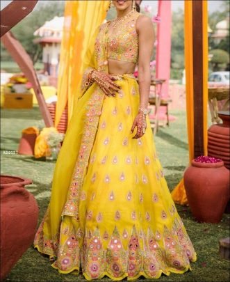 Yellow Georgette Mirror Embroidery Work Lehenga Choli for Haldi Special