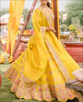 Yellow Georgette Mirror Embroidery Work Lehenga Choli for Haldi Special