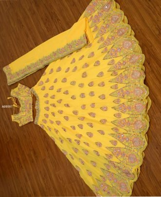 Yellow Georgette Mirror Embroidery Work Lehenga Choli for Haldi Special