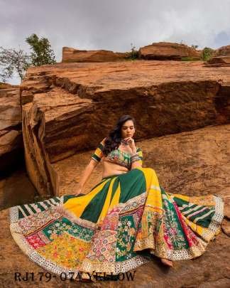 Yellow Green Color Navratri Special Designer Printed Mirror Work Chaniya Choli