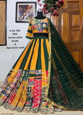 Yellow Green Color Navratri Special Designer Printed Mirror Work Chaniya Choli
