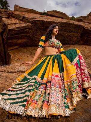 Yellow Green Color Navratri Special Designer Printed Mirror Work Chaniya Choli