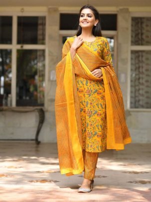 Yellow Hand Block Printed Cotton Kurti Set