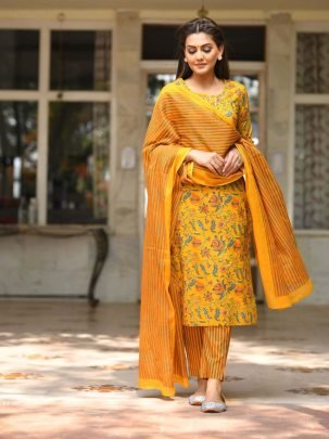 Yellow Hand Block Printed Cotton Kurti Set