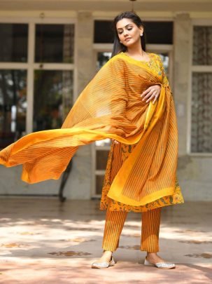Yellow Hand Block Printed Cotton Kurti Set