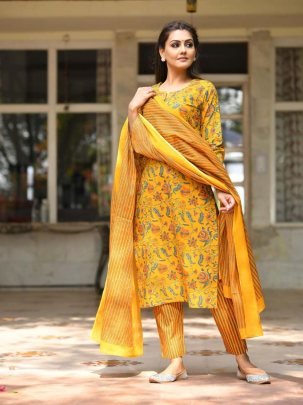 Yellow Hand Block Printed Cotton Kurti Set