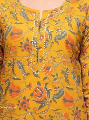 Yellow Hand Block Printed Cotton Kurti Set