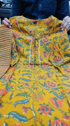 Yellow Hand Block Printed Cotton Kurti Set