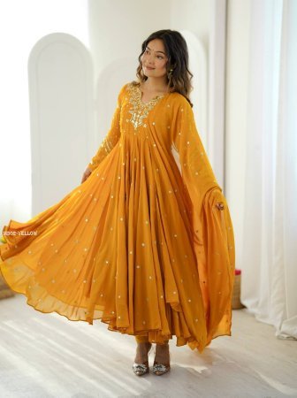 Yellow Heavy Faux Georgette Anarkali Kurtis Pant And Dupatta 