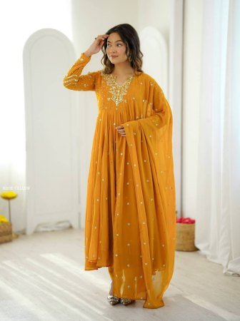 Yellow Heavy Faux Georgette Anarkali Kurtis Pant And Dupatta