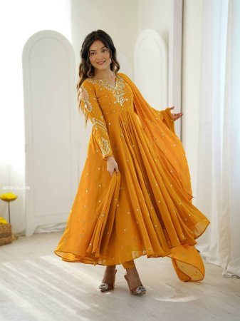 Yellow Heavy Faux Georgette Anarkali Kurtis Pant And Dupatta