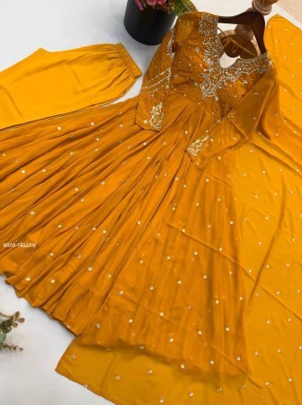 Yellow Heavy Faux Georgette Anarkali Kurtis Pant And Dupatta