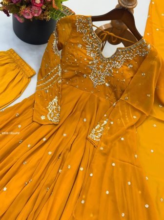 Yellow Heavy Faux Georgette Anarkali Kurtis Pant And Dupatta