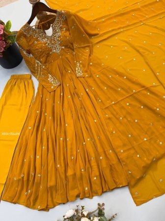 Yellow Heavy Faux Georgette Anarkali Kurtis Pant And Dupatta