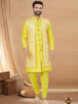 Yellow Indo Western Jacket Kurta Set with Mirror   Sequins Work