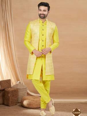 Yellow Indo Western Jacket Kurta Set with Mirror   Sequins Work