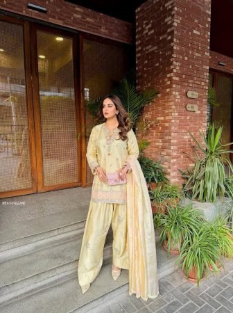 Yellow Japan Satin Wedding Wear Farshi Palazzo