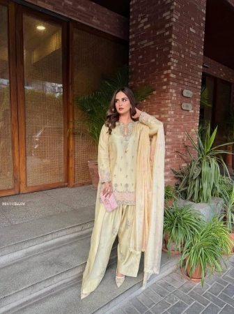 Yellow Japan Satin Wedding Wear Farshi Palazzo