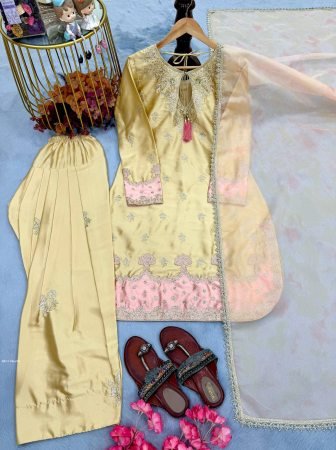 Yellow Japan Satin Wedding Wear Farshi Palazzo