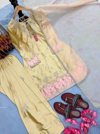 Yellow Japan Satin Wedding Wear Farshi Palazzo
