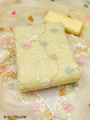 Yellow Organza Silk Embroidery Unstitch Suit