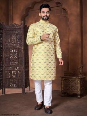Yellow Maharaja Emrboidered Italian Silk Men Kurta With Pajama