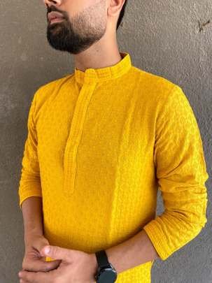 Yellow Men Traditional Heavy Rayon Chikan Work Kurta With Pajama