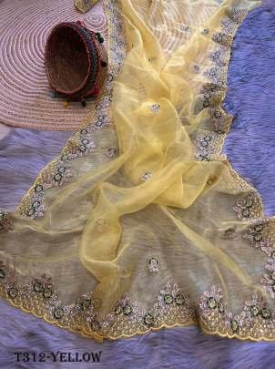 Yellow Organza Zari Work Saree For Women