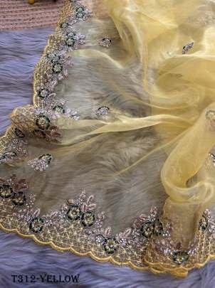 Yellow Organza Zari Work Saree For Women