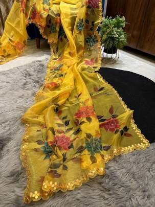 Yellow Party Wear Handwork Pure Organza Saree