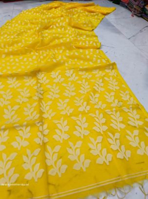 Yellow Pearl Print Jharapata Muslin Cotton Soft Jamdani Saree