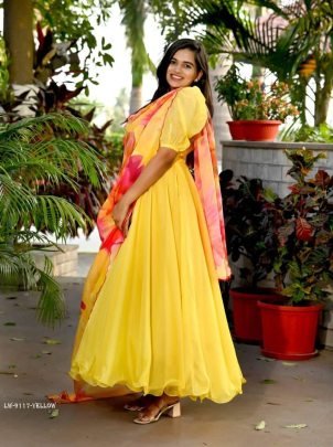 Yellow Plain Readymade Tebby Silk Gown With Printed Dupatta