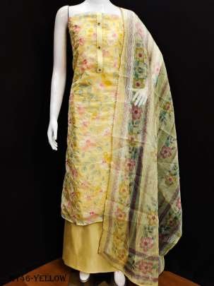 Yellow Position Printed Organza Dress Material