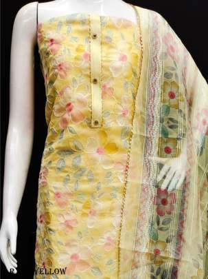 Yellow Position Printed Organza Dress Material