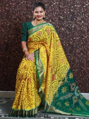 Yellow Pramila Ikkat Patola Digital Printed Saree with Green Blouse