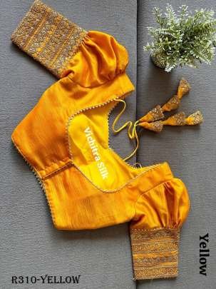 Yellow Readymade Vichitra Silk Blouse With Puff And Gota Less