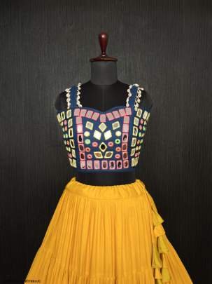 Yellow Real Mirror Work Rayon Navratri Lehenga Choli With Blue Blouse