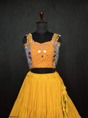 Yellow Real Mirror Work Rayon Navratri Lehenga Choli With Yellow Blouse