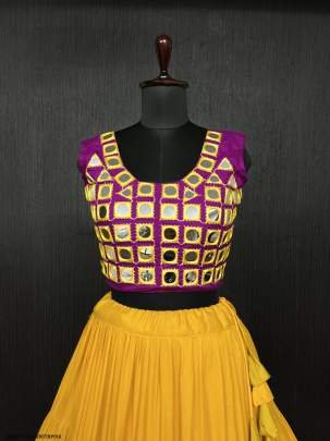 Yellow Real Mirror Work Rayon Navratri Lehenga Choli With Pink Blouse