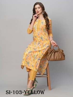 Yellow Regular Wear Printed Soft Cotton Kurtis With Pant